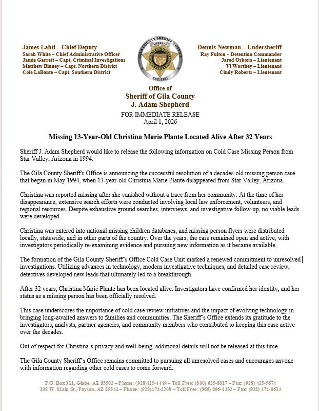 A Gila County Sheriff's Office announcement on Christina Marie Plante.
