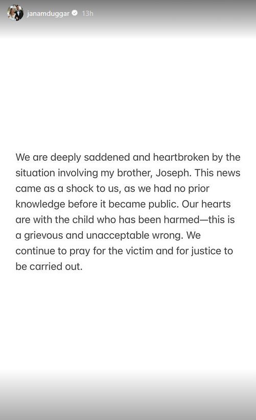 An Instagram text post from Jana Duggar