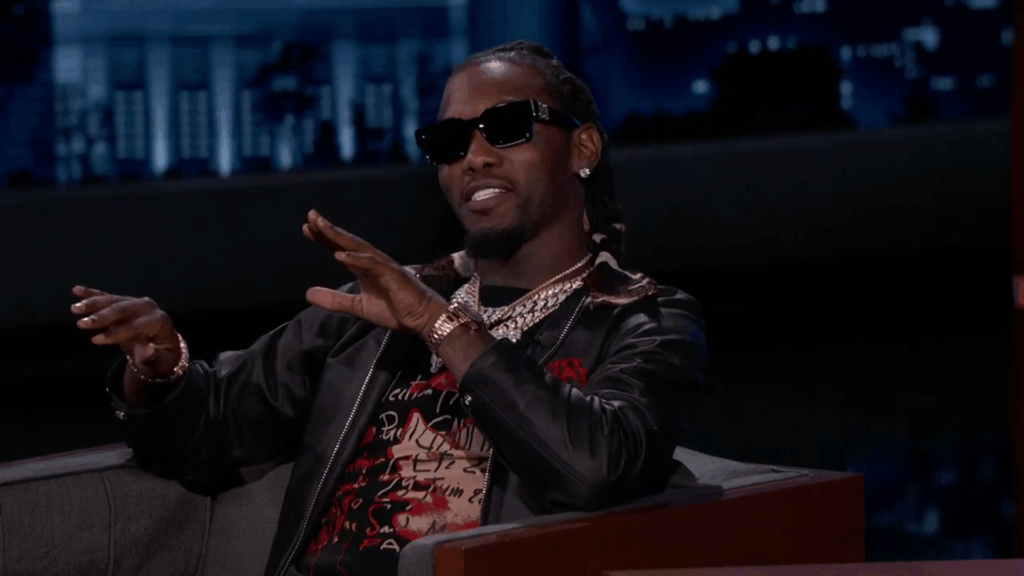 Offset on Jimmy Kimmel, gesturing.
