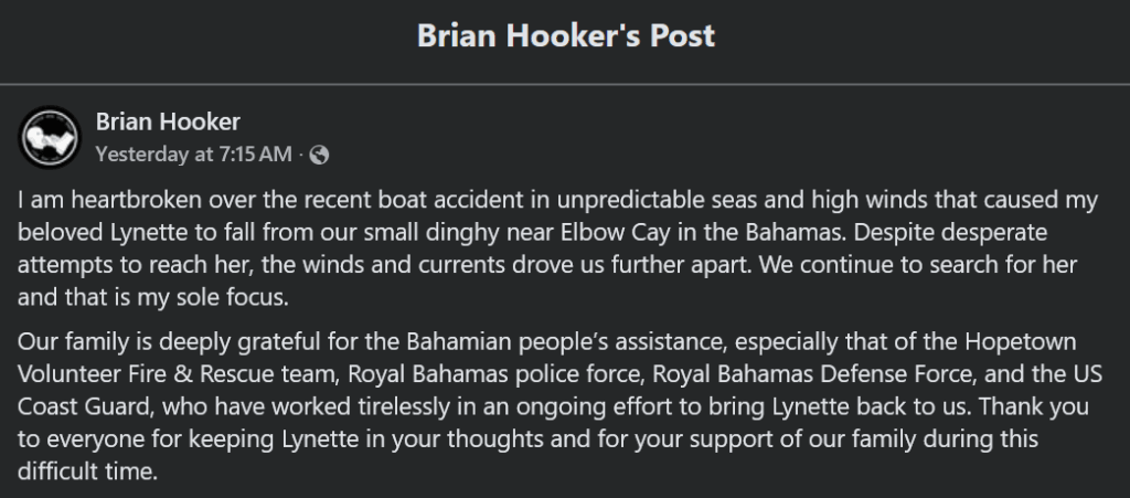A dark mode Facebook screenshot of Brian Hooker's words.