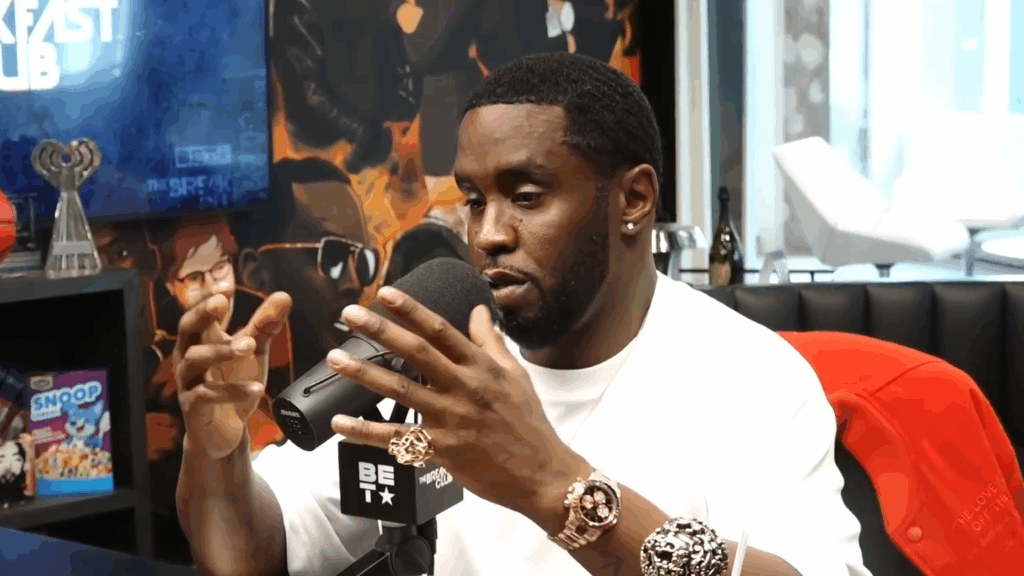 Diddy on The Breakfast Club, now without the jacket.