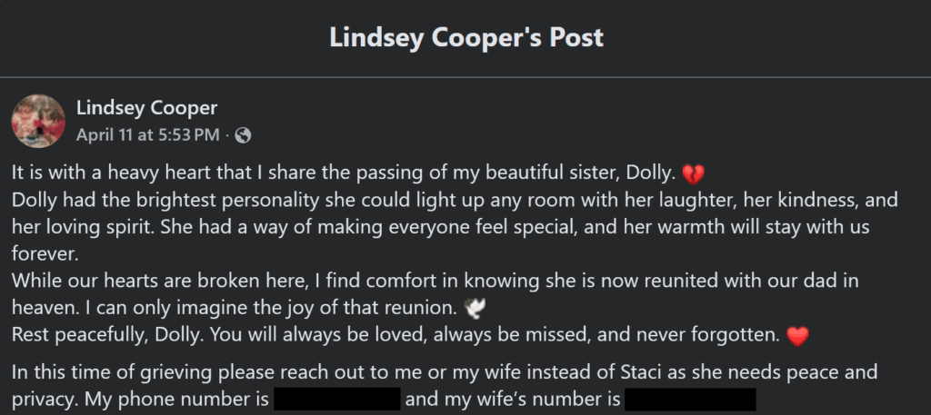 A Lindsey Cooper facebook post.