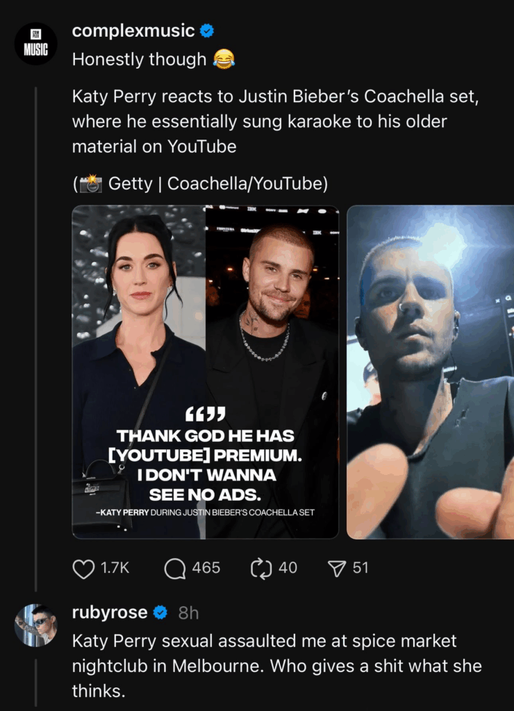 A dark mode Threads screenshot of Ruby Rose's words.