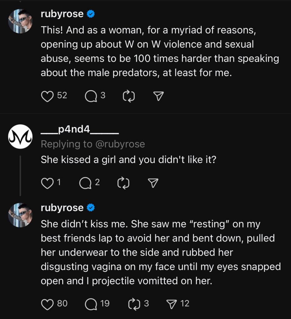 A dark mode Threads screenshot of Ruby Rose's words.