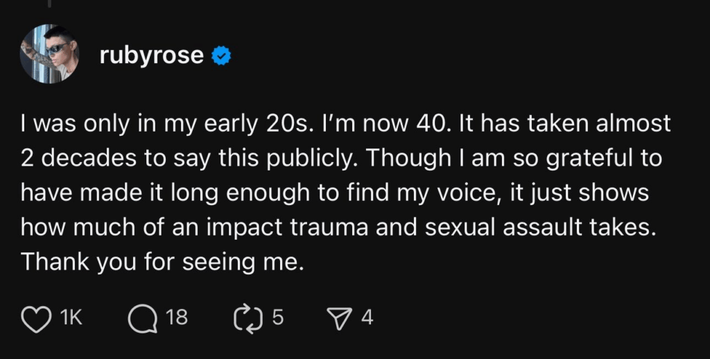 A dark mode Threads screenshot of Ruby Rose's words.