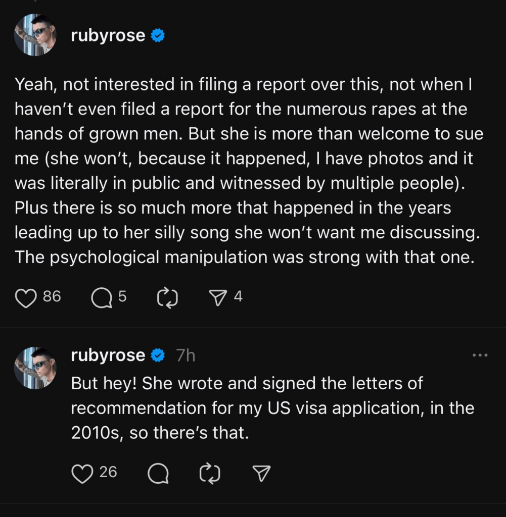 A dark mode Threads screenshot of Ruby Rose's words.