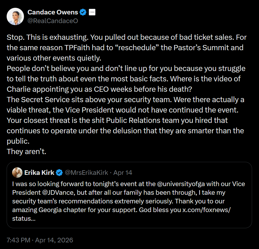 A dark mode Twitter screenshot of Candace Owens' quote-tweet of Erika Kirk in April 2026.