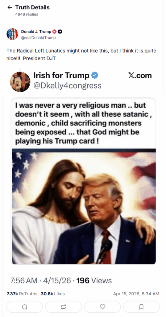 A screenshot of Donald Trump's Truth Social post featuring a screenshot of a tweet featuring AI slop of Jesus.