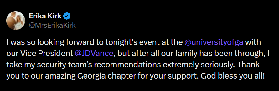 A dark mode tweet by controversial widow Erika Kirk.