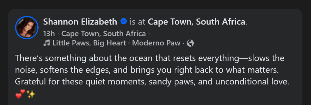 A dark mode Facebook screenshot of Shannon Elizabeth's post.