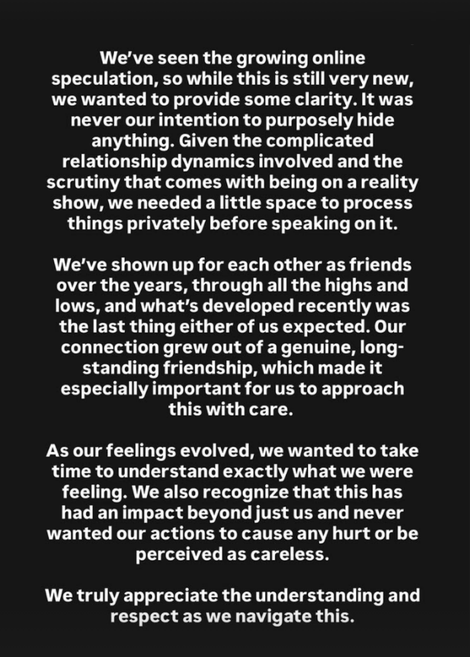 Statement by Amanda Batula and West Wilson on Instagram Story.