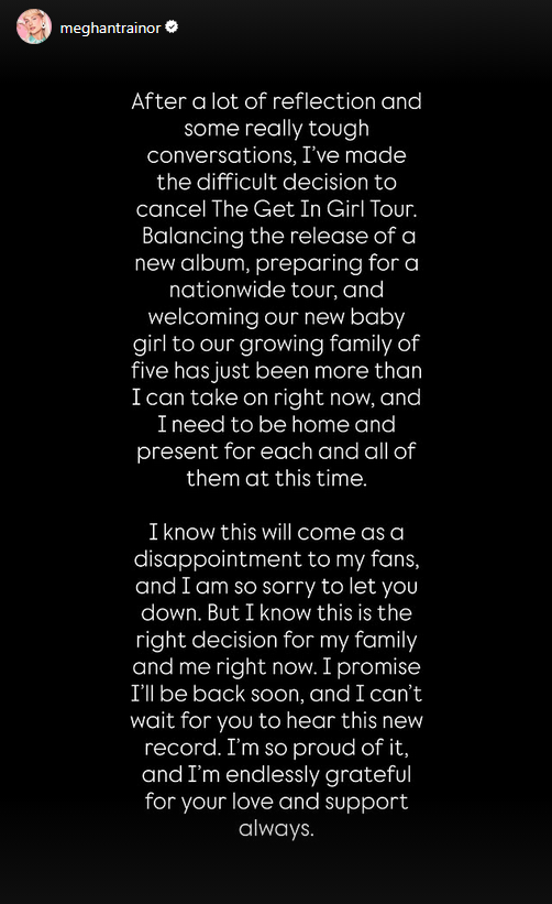 Een screenshot van Meghan Trainor's Instagram Story van 16 april 2026 waarbij haar tour werd geannuleerd.