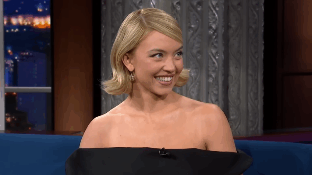 Sydney Sweeney talks to Colbert.