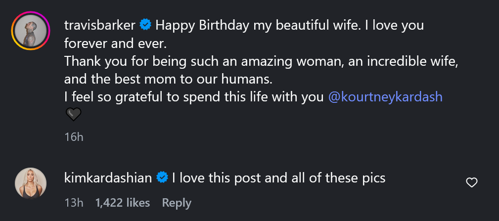 A dark mode screenshot of Travis Barker's Instagram caption and Kim Kardashian's response.
