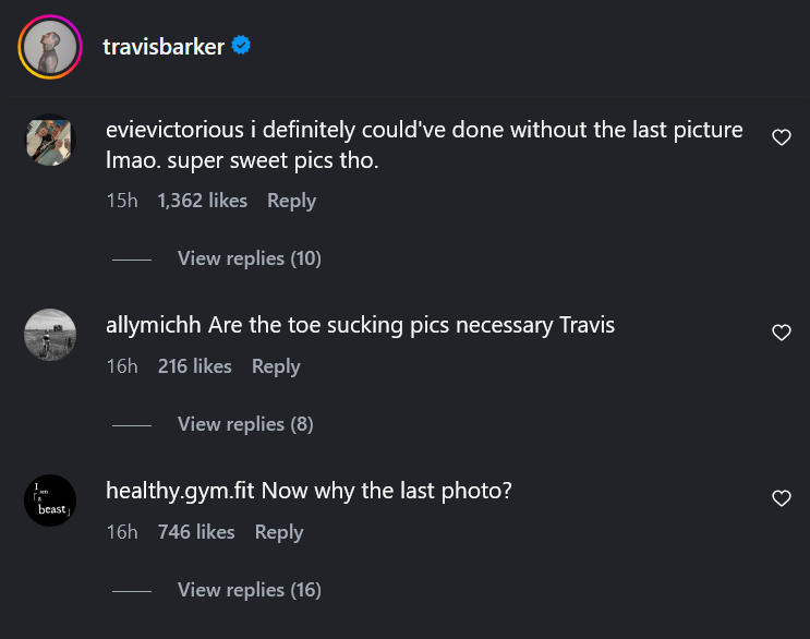 A dark mode Instagram screenshot of Travis Barker's comments.