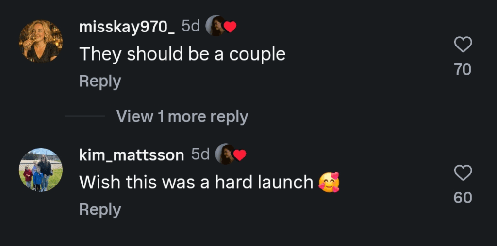 Comments rooting for Katie Holmes to date Joshua Jackson in a dark mode Instagram screenshot, accompanied by red heart likes from Holmes.