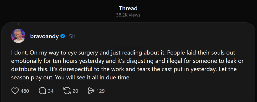 A dark mode Threads post by Andy Cohen.