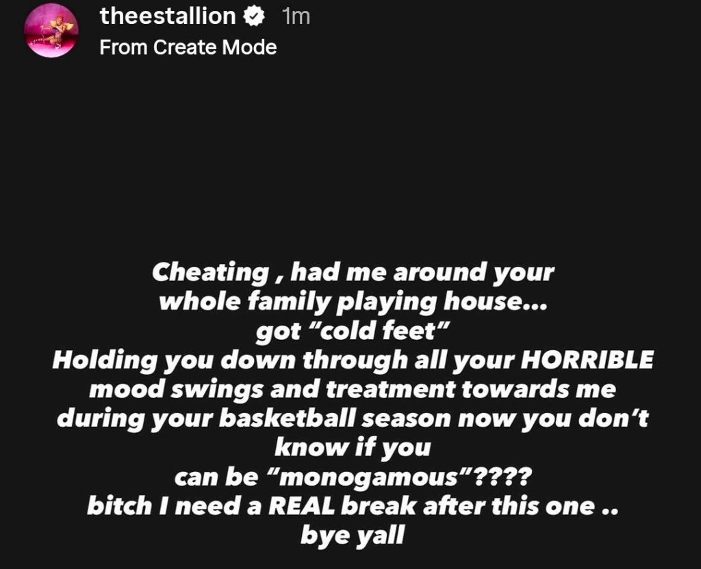 Megan Thee Stallion's IG Story exposing ex-boyfriend Klay Thompson for cheating