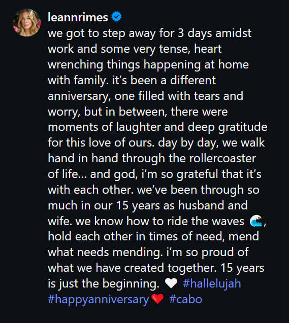 A dark mode Instagram screenshot of LeAnn Rimes' anniversary tribute 2026.