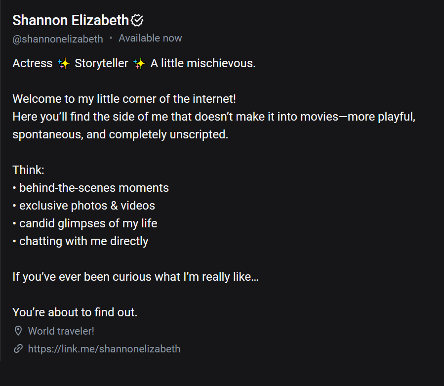 Perfil de OnlyFans de Shannon Elizabeth, una captura de pantalla en modo oscuro.