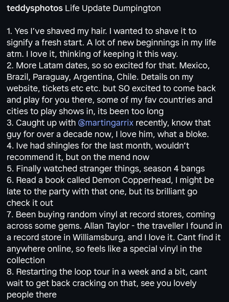 A dark mode Instagram screenshot of Ed Sheerans' caption about getting shingles and more.