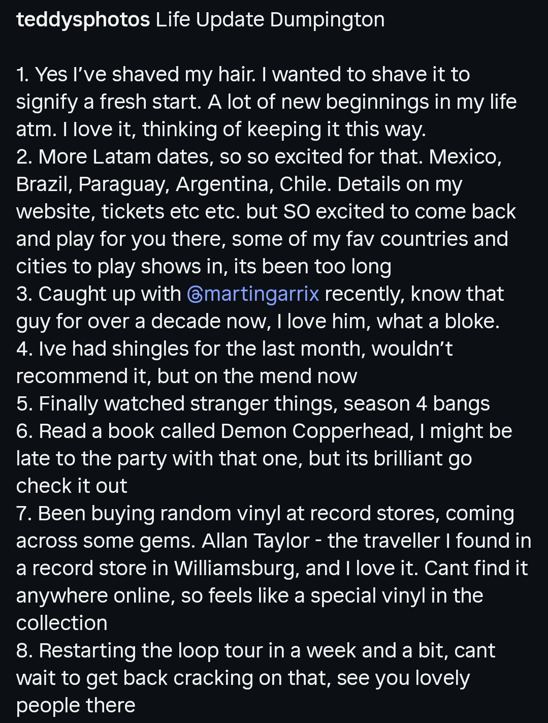 A dark mode Instagram screenshot of Ed Sheerans' caption about getting shingles and more.