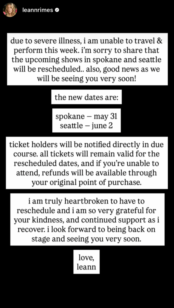 LeAnn Rimes' Instagram Story from late April 2026.