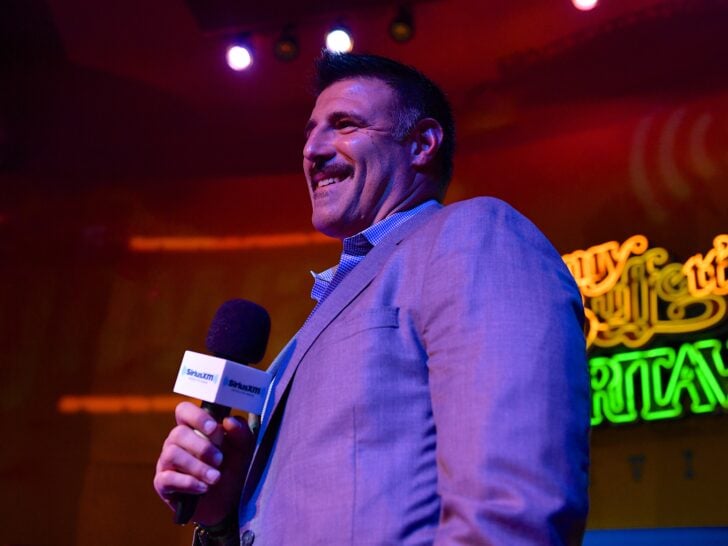 Tennessee Titan's Head Coach Mile Vrabel speaks on stage to the crowd during SiriusXM Hosts Draft Week Party At Margaritaville Featuring The Highway's 