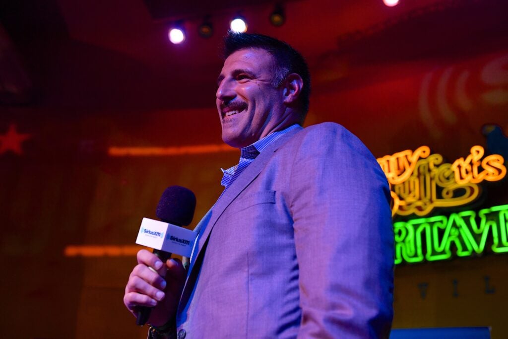 Tennessee Titan's Head Coach Mile Vrabel speaks on stage to the crowd during SiriusXM Hosts Draft Week Party At Margaritaville Featuring The Highway's "Music Row Happy Hour" And SiriusXM NFL Radio's "Movin' The Chains" on April 24, 2019 in Nashville, Tennessee. 