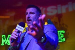 Tennessee Titan's Head Coach Mile Vrabel speaks on stage to the crowd during SiriusXM Hosts Draft Week Party At Margaritaville Featuring The Highway's 