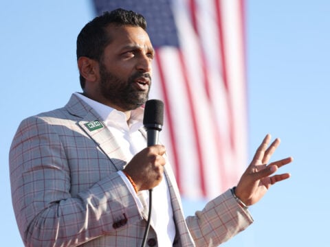Former Chief of Staff to the Department of Defense Kash Patel speaks during a campaign rally at Minden-Tahoe Airport on October 08, 2022 in Minden, Nevada.