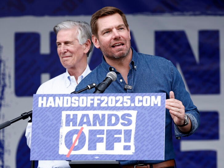 Rep. Eric Swalwell (D-CA) speaks during the Hands Off! day of action against the Trump administration and Elon Musk on April 05, 2025 in Washington, DC.
