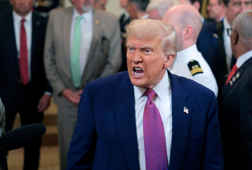 U.S. President Donald Trump responds to a reporters question as he leaves after signing a series of bills related to Californiaâ€™s vehicle emissions standards during an event in the East Room of the White House on June 12, 2025 in Washington, DC. 