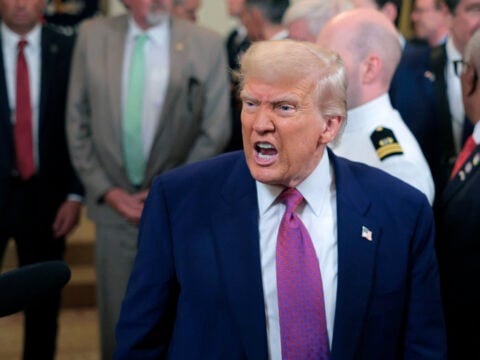 U.S. President Donald Trump responds to a reporters question as he leaves after signing a series of bills related to California’s vehicle emissions standards during an event in the East Room of the White House on June 12, 2025 in Washington, DC.