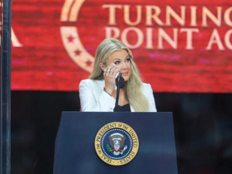 Mrs. Erika Kirk speaks during the memorial service for her husband, political activist Charlie Kirk at State Farm Stadium on September 21, 2025 in Glendale, Arizona.