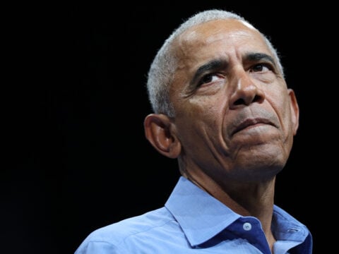 Former U.S. President Barack Obama speaks while campaigning for Virginia Democratic gubernatorial candidate, former Rep. Abigail Spanberger during a campaign rally in the Chartway Arena on November 01, 2025 in Norfolk, Virginia.