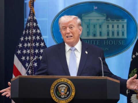 U.S. President Donald Trump speaks during a news conference in James S. Brady Press Briefing Room of the White House on April 06, 2026 in Washington, DC.