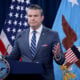U.S. Secretary of War Pete Hegseth speaks during a press briefing at the Pentagon on April 16, 2026 in Arlington, Virginia. Hegseth addressed the war between the United States and Israel against Iran as negotiations continue toward a longer-term agreement between the countries.