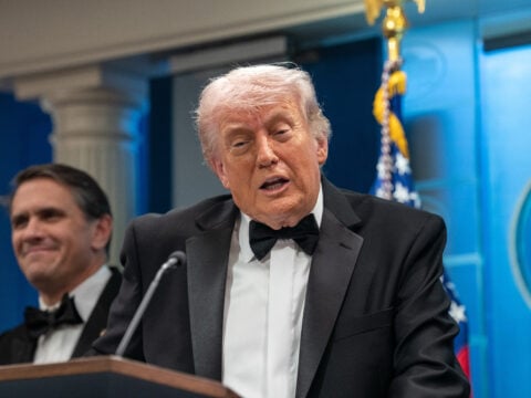 U.S. President Donald Trump speaks during a press conference in the Brady Briefing Room of the White House on April 25, 2026 in Washington, DC.