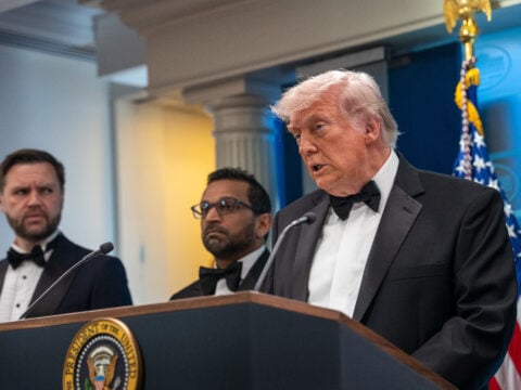 U.S. President Donald Trump speaks during a press conference in the Brady Briefing Room of the White House on April 25, 2026 in Washington, DC.