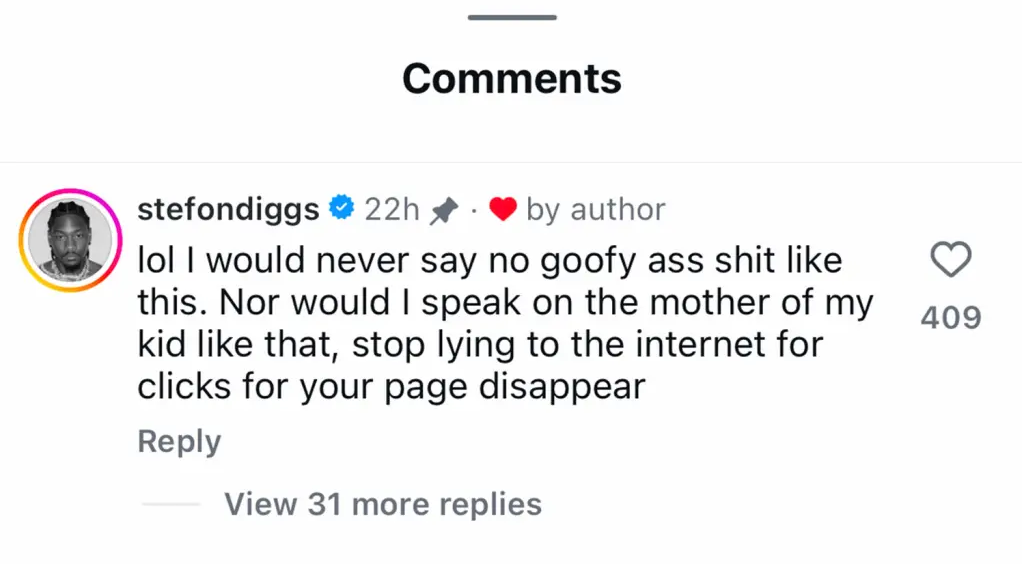 An Instagram comment screenshot, in light mode, from Stefon Diggs.