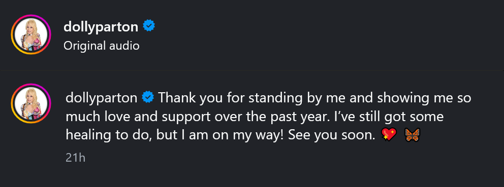 A dark mode Instagram screenshot of Dolly Parton's caption.