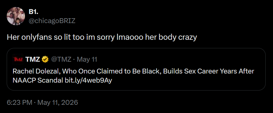 A dark mode screenshot of a tweet praising Rachel Dolezal's OnlyFans page and her body.