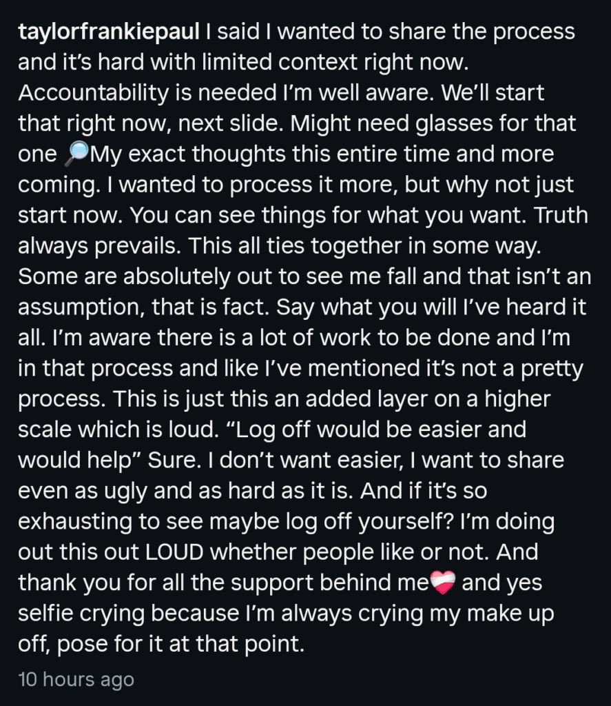 A dark mode Instagram caption by Taylor Frankie Paul.