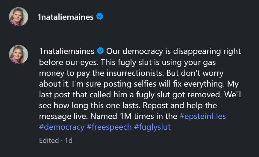 A dark mode screenshot of Natalie Maines' Instagram caption about Donald Trump