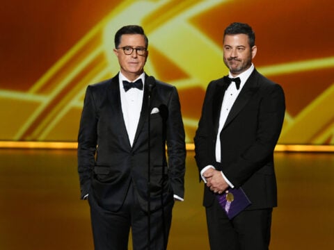 Stephen Colbert and Jimmy Kimmel speak onstage during the 71st Emmy Awards at Microsoft Theater on September 22, 2019 in Los Angeles, California.