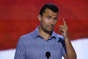Turning Point USA Founder Charlie Kirk is seen onstage at the Fiserv Forum during preparations for the Republican National Convention (RNC) on July 14, 2024, in Milwaukee, Wisconsin. Delegates, politicians, and the Republican faithful are arriving in Milwaukee for the annual convention, concluding with former President Donald Trump accepting his party's presidential nomination. The RNC takes place from July 15-18.