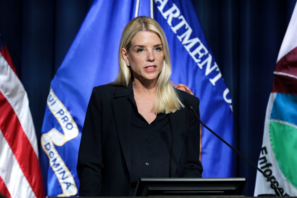 U.S. Attorney General Pam Bondi speaks during a news conference at the DEA headquarters on July 15, 2025 in Arlington, Virginia. 