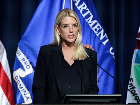 U.S. Attorney General Pam Bondi speaks during a news conference at the DEA headquarters on July 15, 2025 in Arlington, Virginia.