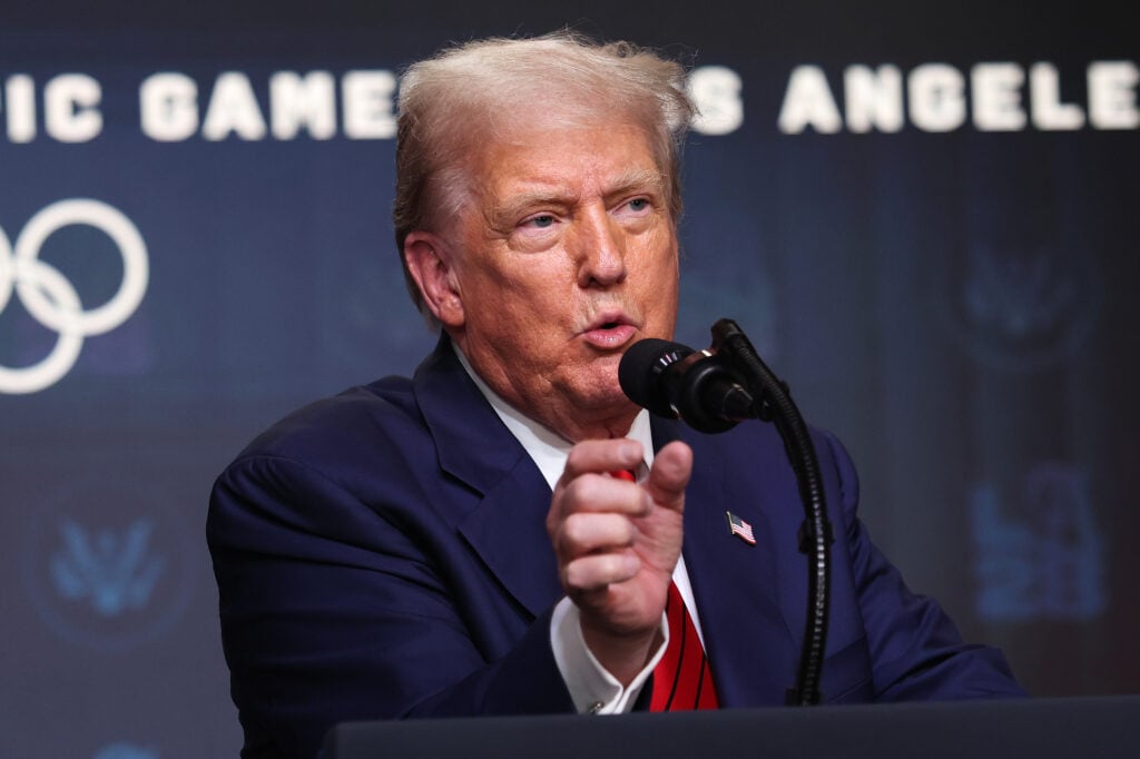 U.S. President Donald Trump speaks to reporters after signing an executive order during a ceremony in the South Court Auditorium in the Eisenhower Executive Office Building on August 5, 2025 in Washington, DC. 